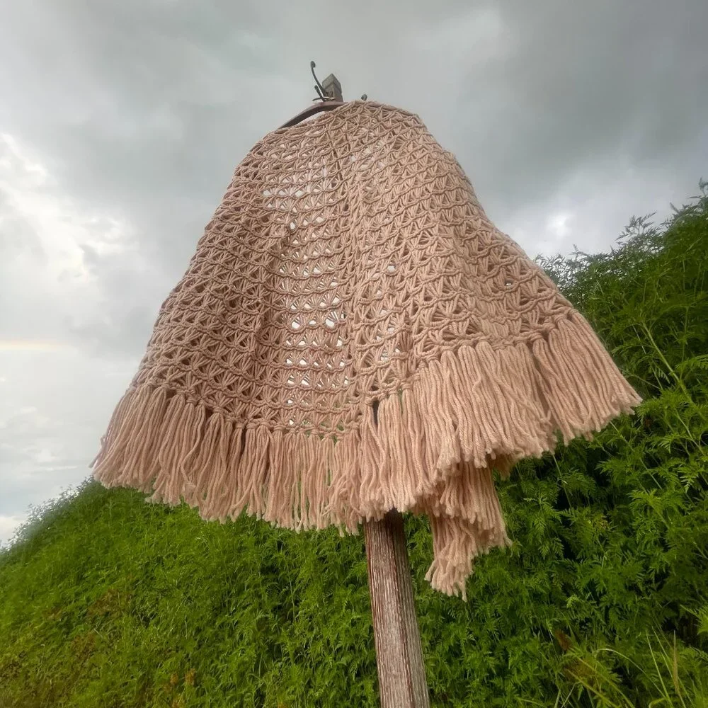 NEW Dreamy Boho One-Size Warm Bone/Cream Cozy Handmade Crochet Fringe Shawl/Cape - Picture 3 of 16